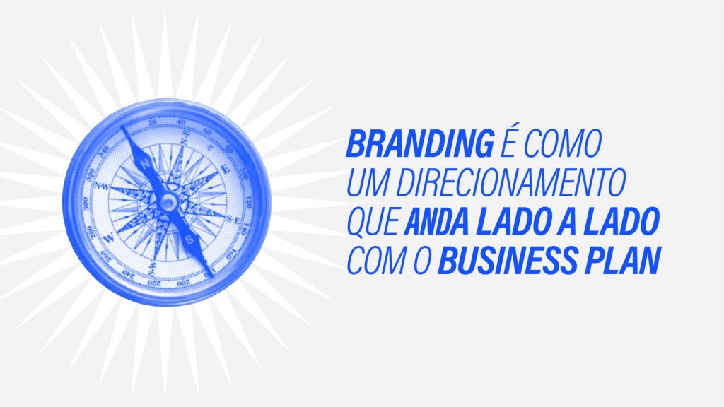 Arte com a ilustração de uma bússola, com destaque para a frase: "Branding é como um direcionamento que anda lado a lado com o business plan", fator que determina por meio de estratégias todas as ações de uma marca.